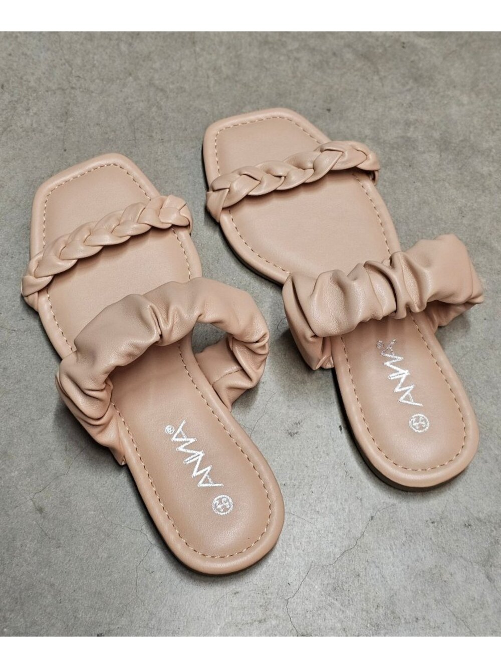 Nude Braided Strap Flat Sandals With Padded Scrunch Detail & Square Toe Design